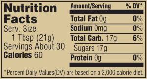 Organic honey nutrition label